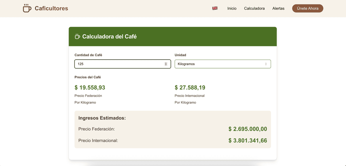 Calculadora de precios de café